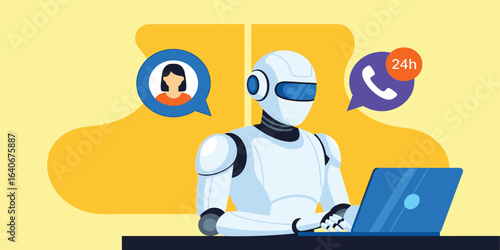 Illustartion graphics in flat design style. Chatbot working on a laptop talking to a customer. Artificial intelligence in communication with the customer.