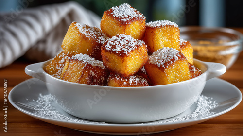 Golden brown Nigerian chin chin cubes in a white ceramic bowl on a wooden table