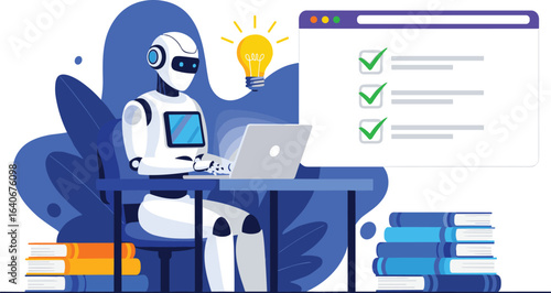 
Robot working on laptop and filling out document. Checklist with completed tasks. Illustration graphics in flat design style
