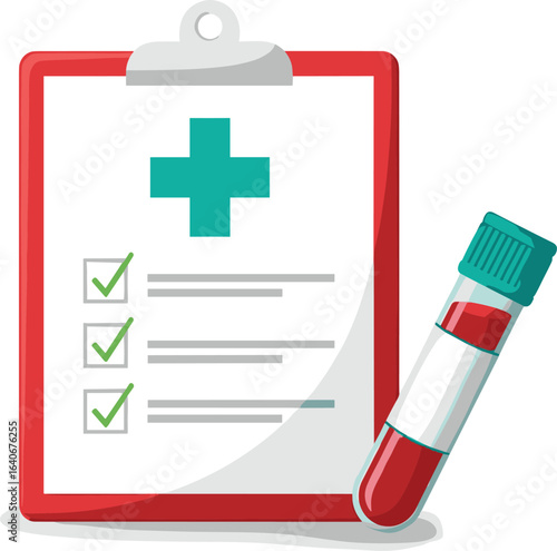 Medical questionnaire with blood test results. There is an ampoule of blood next to the checklist. Flat design illustration.