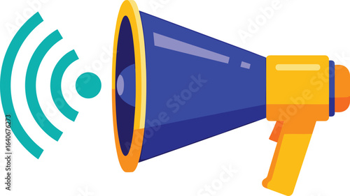 Megaphone vector graphic. Megaphone with white and red color, with signal icon. Flat design style illustration. 