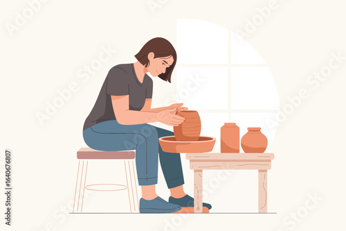 A clean flat vector illustration of a woman potter shaping clay on a potter's wheel. A depiction of a creative hobby and artisanal craft.