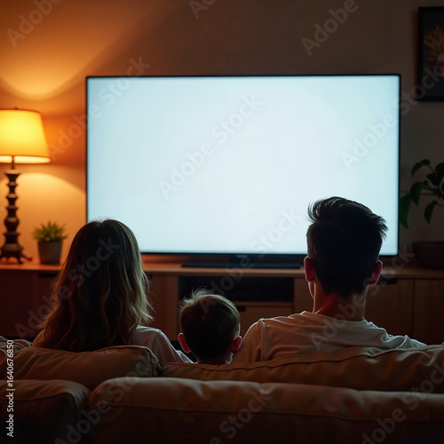 Family watching television together on cozy couch in dim lighting  