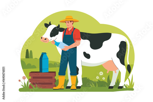 A flat vector illustration depicting a dairy farmer with a cow. The man is holding a bottle of fresh milk in a rural farm setting.
