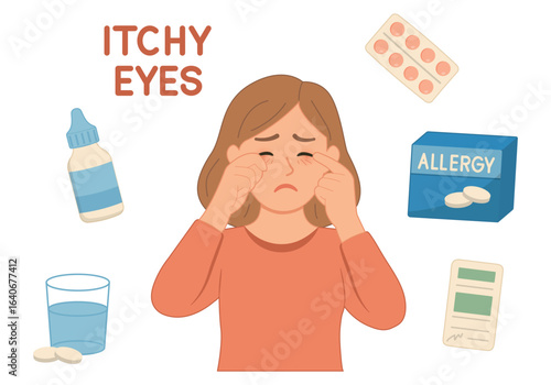 Girl with itchy eyes. Set isolated on white background. Cute flat style