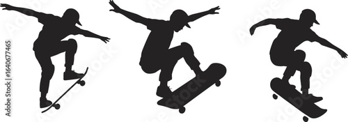 Cad drawing flat vector illustration, skateboarder silhouette, dynamic action pose, extreme sports trick, graphic design, skateboarding vector art