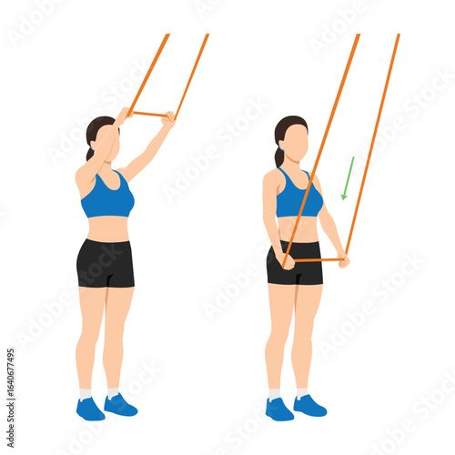 Woman doing Resistance Band Lat Pulldown Exercise. Flat vector illustration isolated on white background