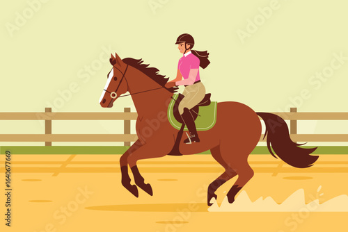 A flat vector illustration depicting a young woman equestrian riding a beautiful brown horse in a paddock. Concept of equestrian sports, hobbies, and training.