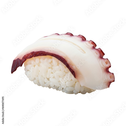 Wallpaper Mural A single piece of Octopus (Tako) nigiri sushi, purple-skinned octopus draped over glossy white rice, on a clean transparent background, macro extreme close-up, appetizing food photography concept Torontodigital.ca