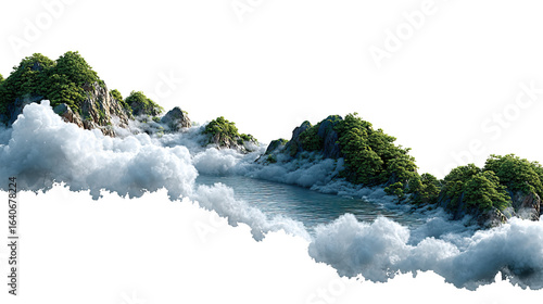 Floating Paradise: A breathtaking, isolated island scene of lush green-covered mountains floating in a sea of fluffy clouds.