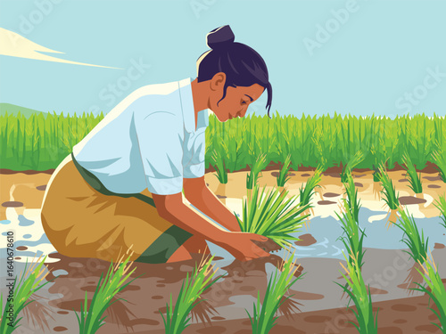 Illustration of a woman planting rice in a flooded paddy field. A scene depicting traditional Asian agriculture and food cultivation.