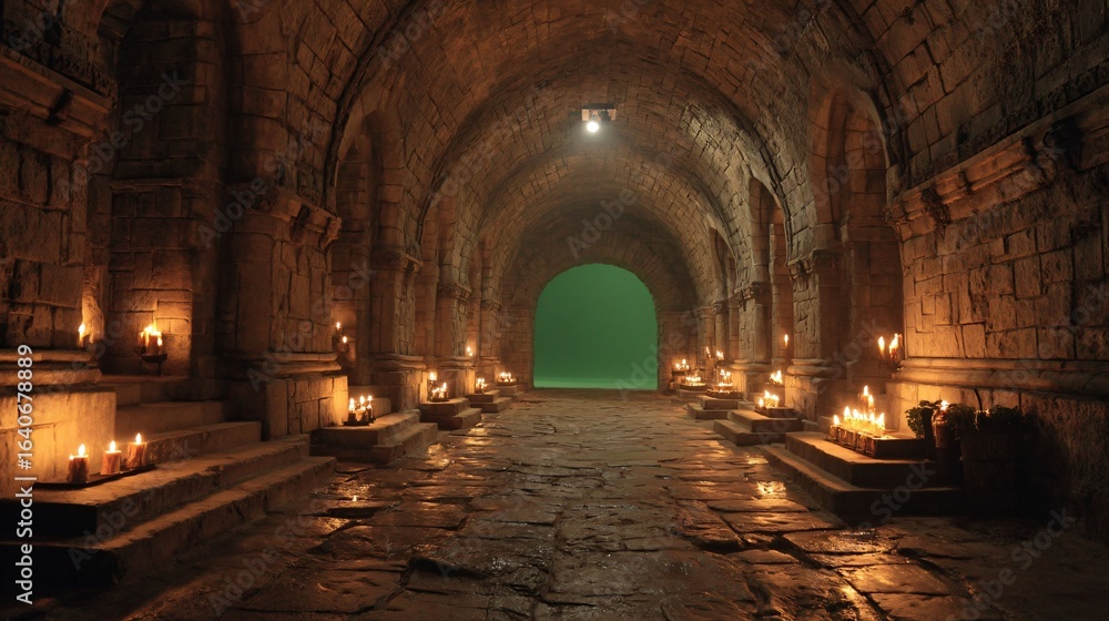 Naklejka premium Stone corridor with lit candles and a green screen background.