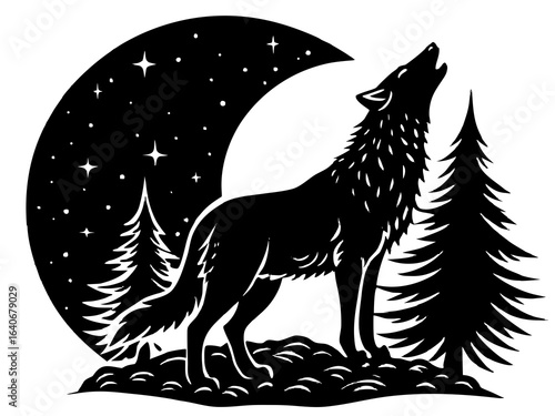 Lone Wolf Howling at Moon Silhouette