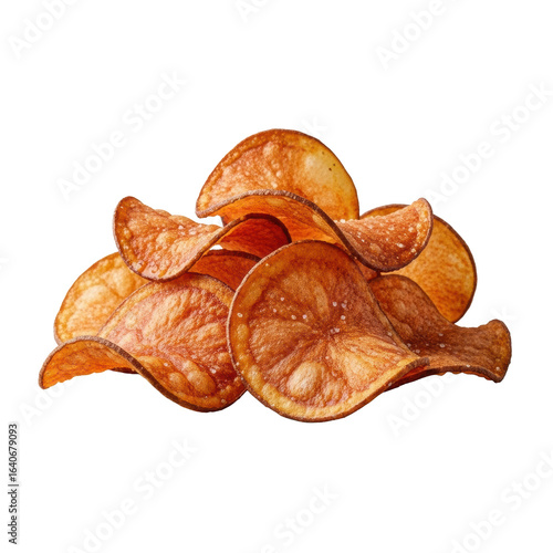 A small pile of dark russet potato chips, extra crispy with irregular shapes, visible oil sheen and salt crystals, isolated on a seamless transparent background. Concept of delicious snack food