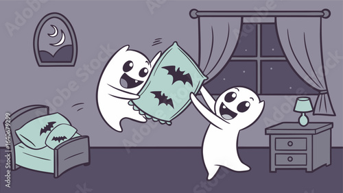 Two playful cartoon ghosts are having a pillow fight in a bedroom at night with bat themed pillows and a crescent moon visible through the window
