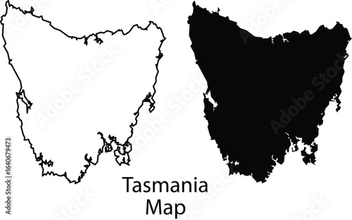 Tasmania map, black and white line art, architectural illustration, minimal design, vector graphics, high contrast, simple silhouette, graphic design
