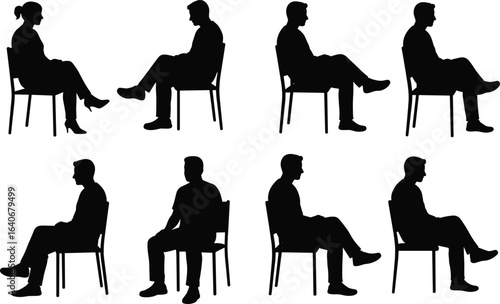 Silhouette, people, sitting, chairs, various poses, side view, vector illustration, black, white, isolated, flat design, cad drawing, ergonomic, posture, human figure, chair position, technical 