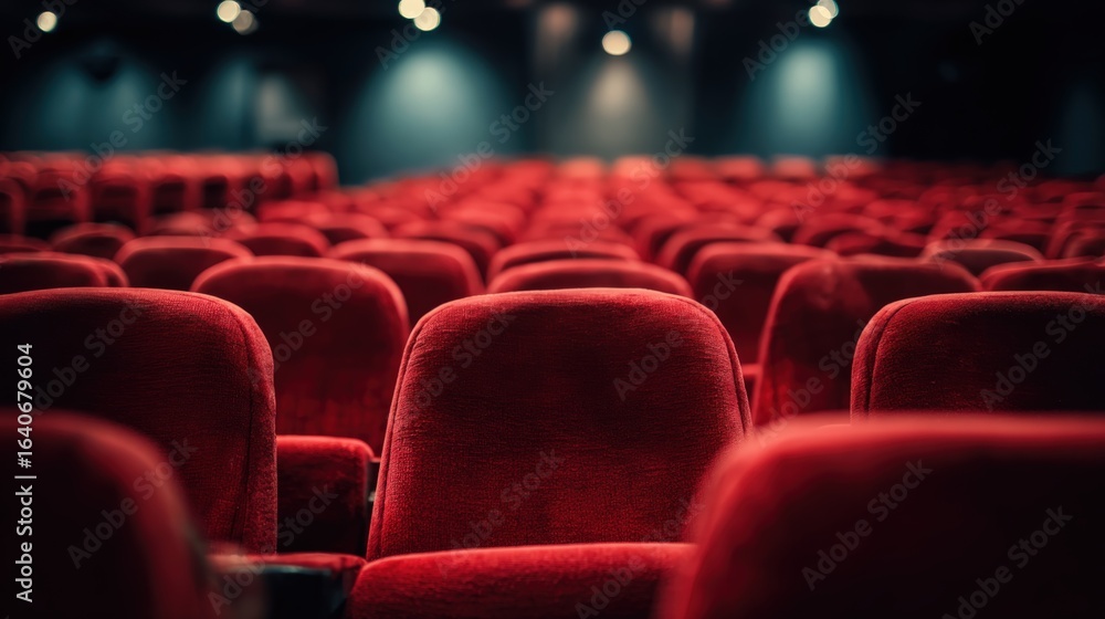 Fototapeta premium Rows of Empty Red Seats in a Theater or Cinema Auditorium Before a Show