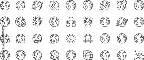 Globe line icon set, Planet Earth, green planet, ecology, global warming. Vector illustration