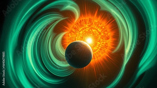 A painterly solar corona explosion with rippling aurora energy cascading toward a small blue planet.