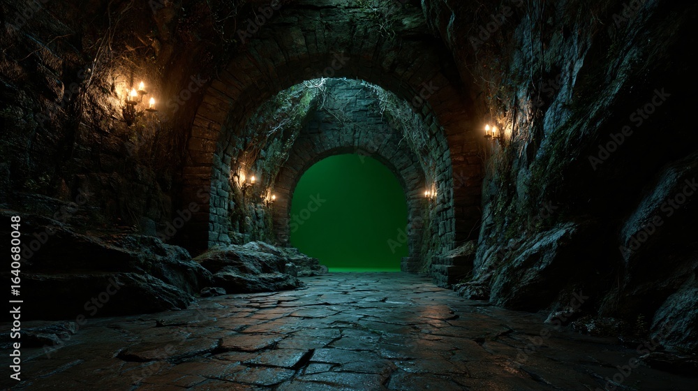 Obraz premium Ancient stone tunnel with glowing lanterns.