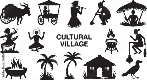 Silhouettes of people and elements of a traditional cultural village life