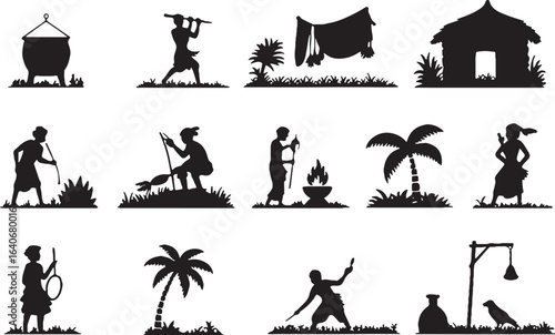 Collection of african village silhouettes depicting daily life and activities