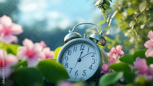 Silver alarm clock stands in blooming meadow symbolizing spring time