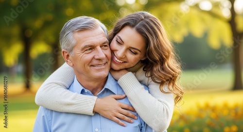 lovely adult daughter embraces her senior father from behind in a warm, heartfelt moment of love and connection. She wraps her arms gently around his chest