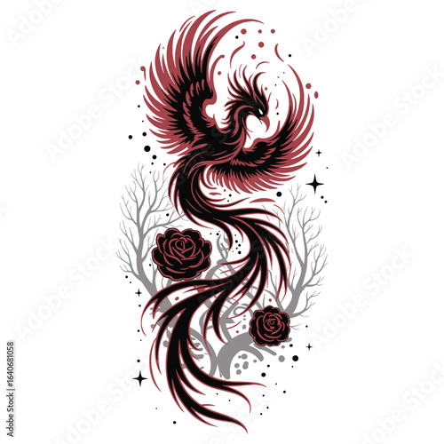 Elegant phoenix bird with roses and flowing feathers in fantasy tattoo style vector illustration design
