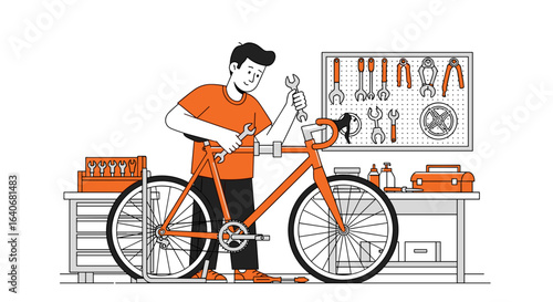 A man repairing a bicycle with tools in a workshop with a pegboard behind him