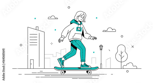 A young woman with a hoodie skateboarding in a city park on a sunny day scene