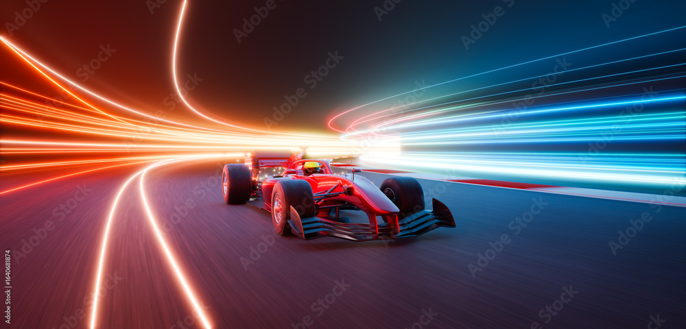Obraz premium 3d rendering red racing car speeding on illuminated track at night