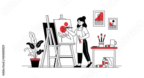 A woman painting a flower on a canvas in a studio with art supplies around her