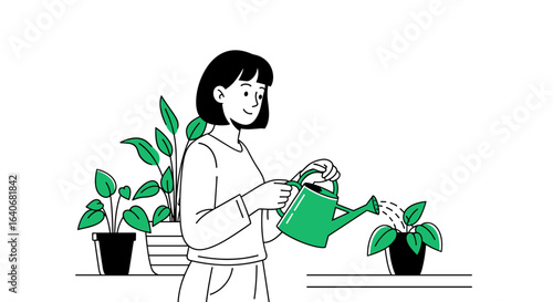 Illustration of a woman watering plants with a green watering can indoors