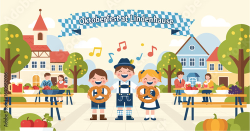 Happy children in traditional German costumes celebrating Oktoberfest with pretzels in a Bavarian village