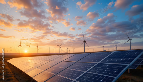 Solar Panels and Wind Turbines at Sunset