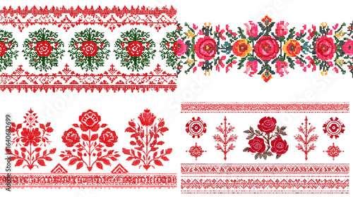 Traditional folk floral embroidery borders in red and green, perfect for textiles, crafts, wallpapers, folk costumes, packaging, and cultural decorative artworks.