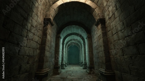 An ancient stone corridor extends into the gloom.