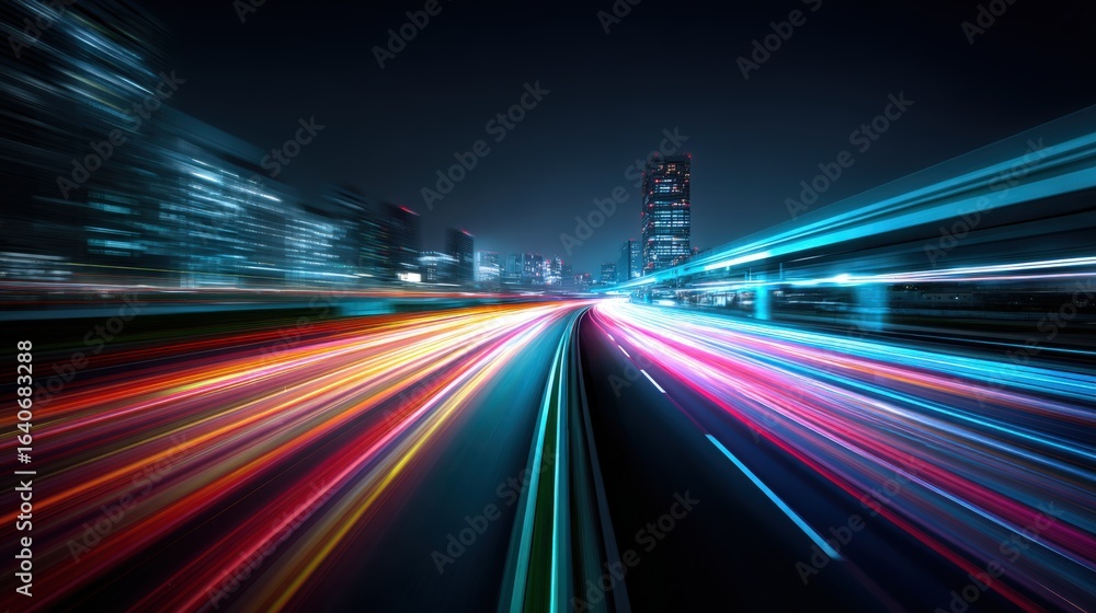 Fototapeta premium Night Cityscape with Abstract Light Trails: Modern Urban Mobility and Speed Concept