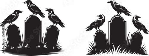 Ravens on tombstones silhouette set. Spooky Halloween graveyard scene vector graphic illustration.