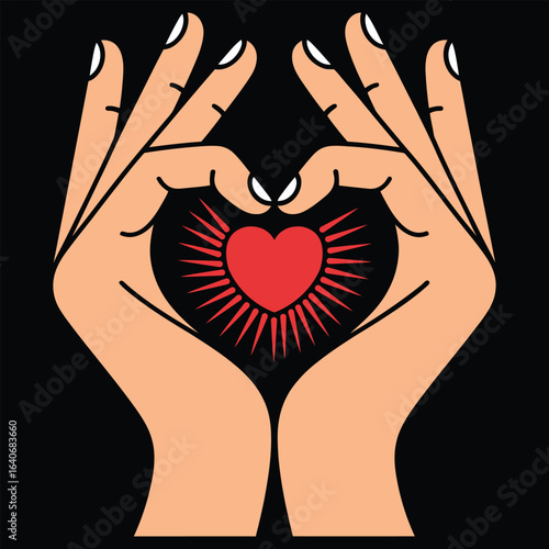  Hands forming heart shape with red heart glow in center vector illustration