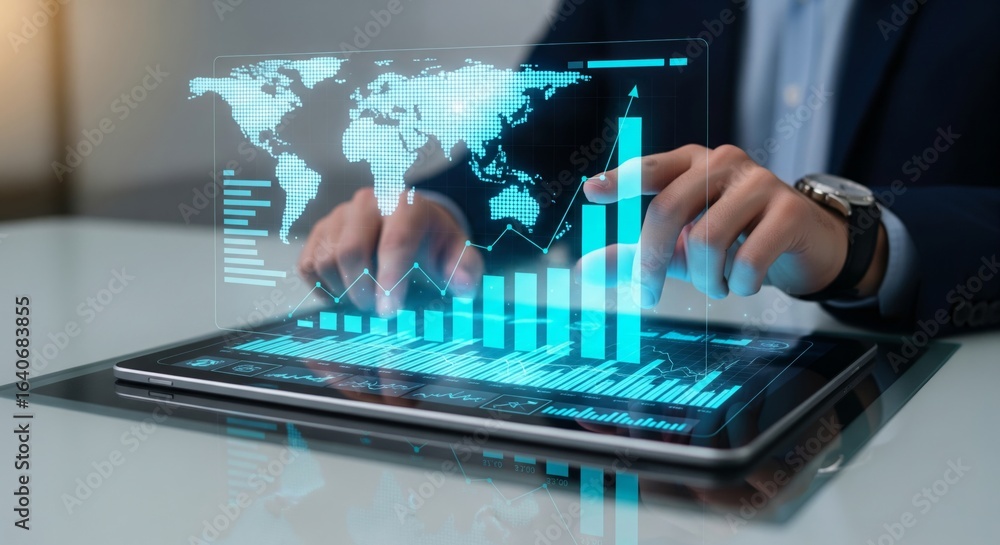 Fototapeta premium Businessman Using Tablet with Large 3D Financial Charts and Growth Graphs – Futuristic Technology in Business Analytics