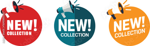 New collection announcement banner set with megaphone, vector promotion sticker for new product arrival