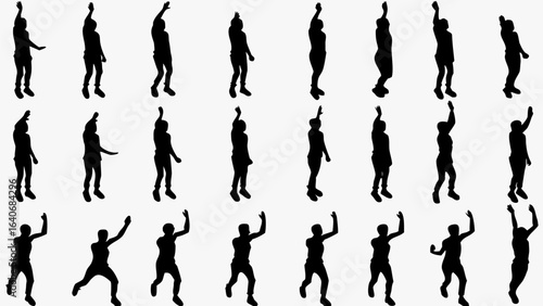 Silhouettes of people with raised arms in various poses against a white background in a grid pattern