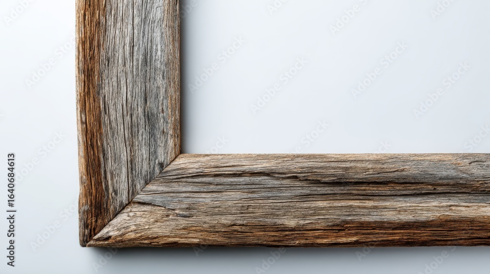 Fototapeta premium Rustic wooden frame corner on white background, weathered reclaimed wood texture, blank space for text or image