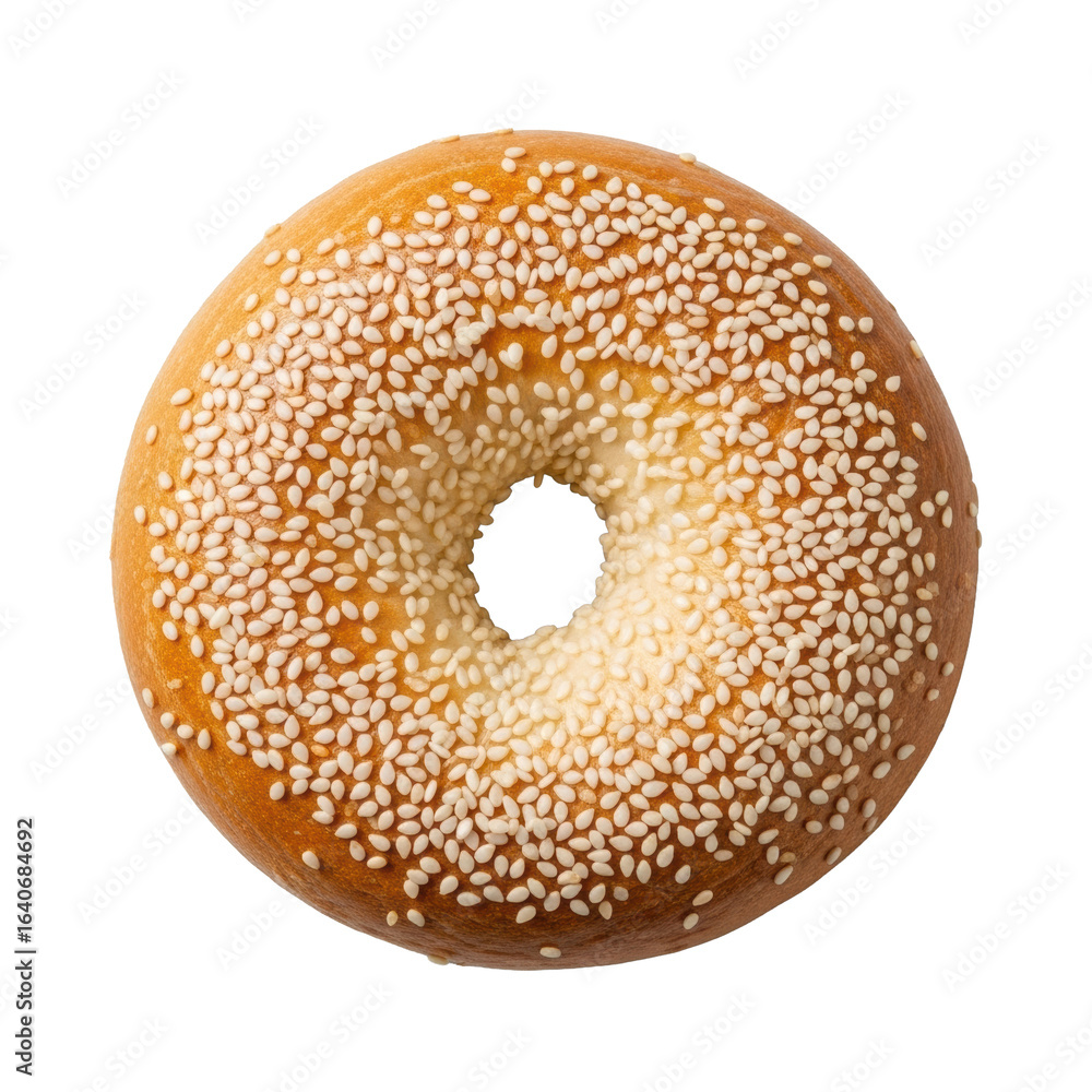 Freshly baked golden-brown bagel, generously topped with crisp white sesame seeds, isolated on a seamless transparent background with soft studio lighting. Concept of appetizing freshness Freshly baked golden-brown bagel, generously topped with crisp white sesame seeds, isolated on a seamless transparent background with soft studio lighting. Concept of appetizing freshness