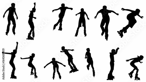 Wallpaper Mural Silhouette illustration showcasing various roller skating poses and movements against a white backdrop Torontodigital.ca