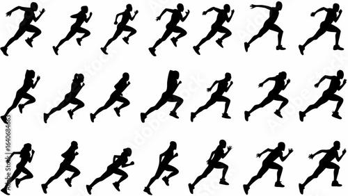 Silhouette depictions of runners in action showcasing speed and athleticism in a dynamic composition
