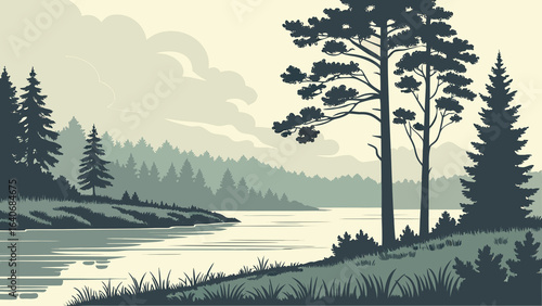 A stunning landscape of a forest with trees and a lake, a clear blue sky, and a mountain in the background